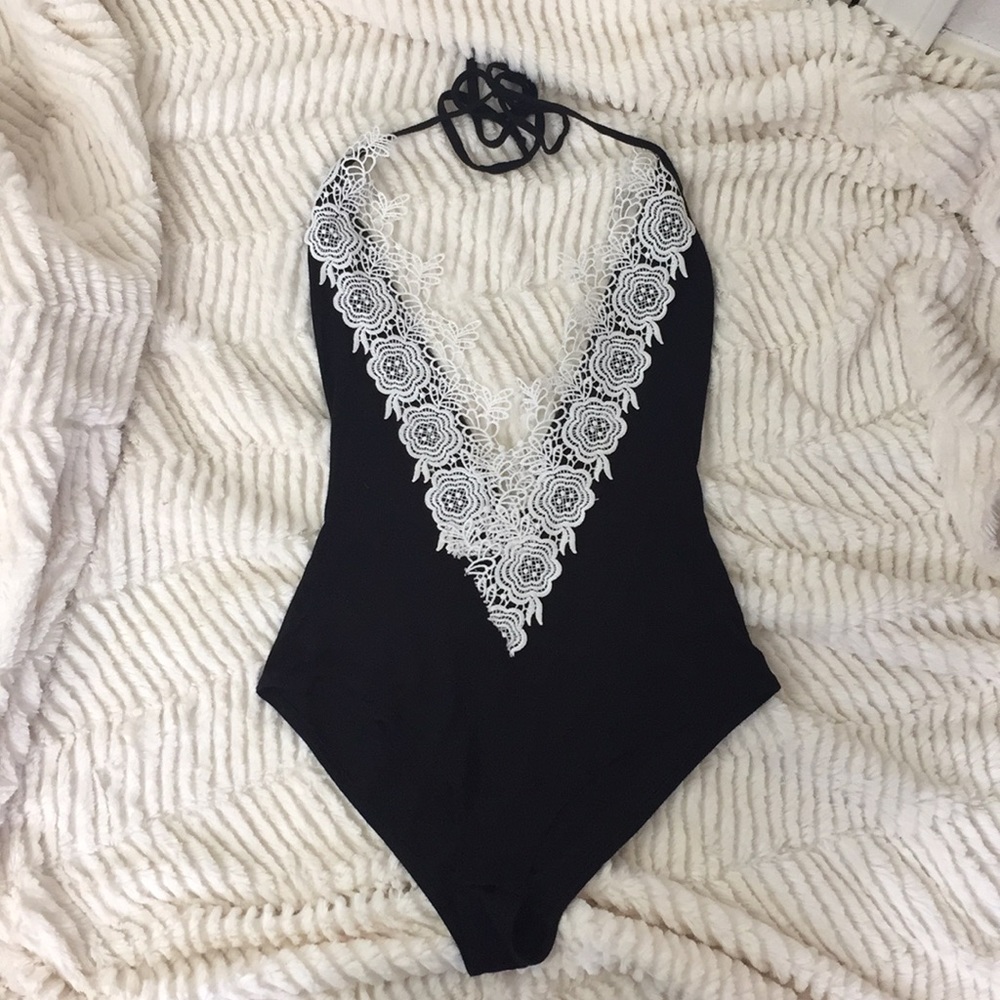 Black Deep-V Cut Bodysuit White Accent Size S